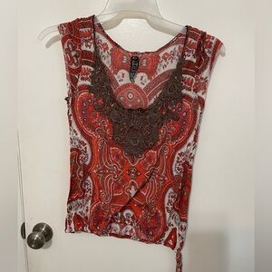 Free people orange brown paisley peasant boho hippie Embroidered neckline top S